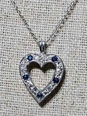 14K Weißgold Diamant & Saphir offenes Herz Anhänger Halskette 15-1/4''