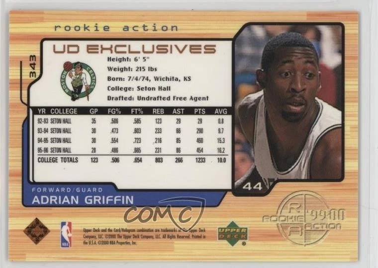 1999-00 Upper Deck Action UD Exclusives /100 Adrian Griffin #343 Rookie RC - Image 2 of 2