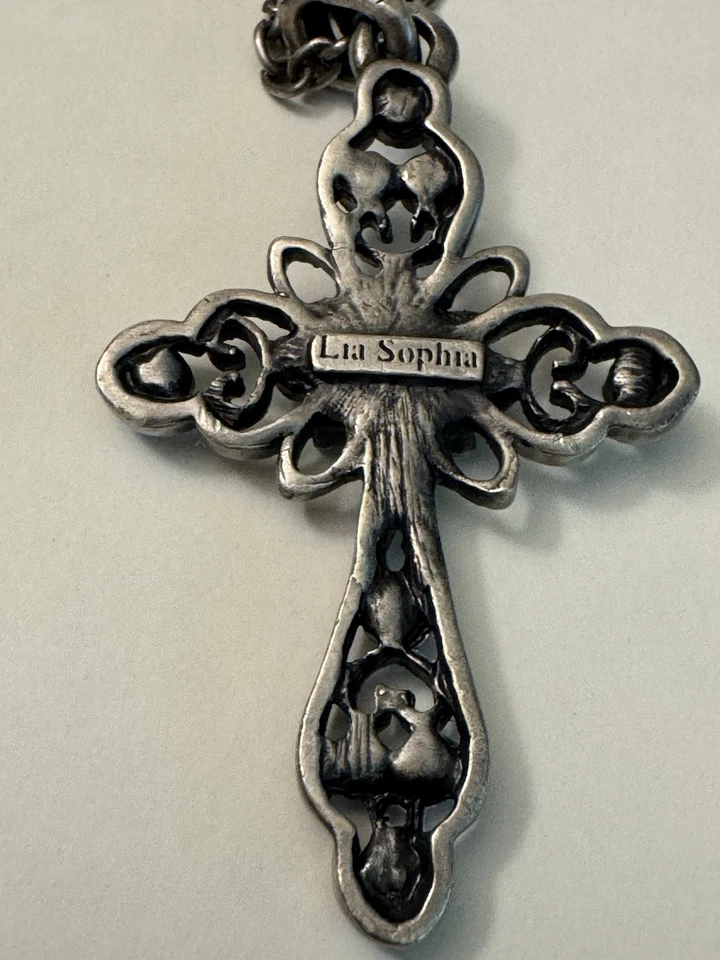 Lia Sophia Cross Pendant Necklace Blue Rhinestones AB Crystals Silvertone 18” - Image 4 of 4