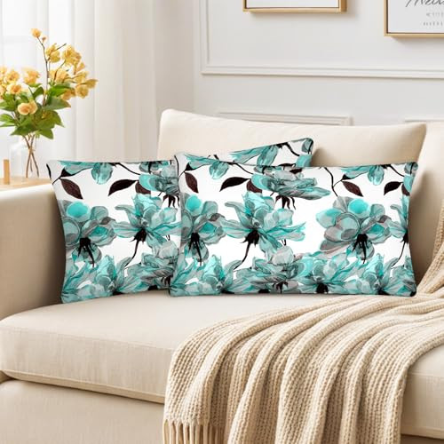 Floral Lumbar Pillow Covers 12X20, Aqua Lumbar Decorative Throw