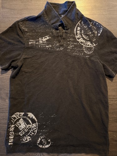 VTG Y2K Guess Jeans Co Newsprint Postmark Polo Shirt Black M