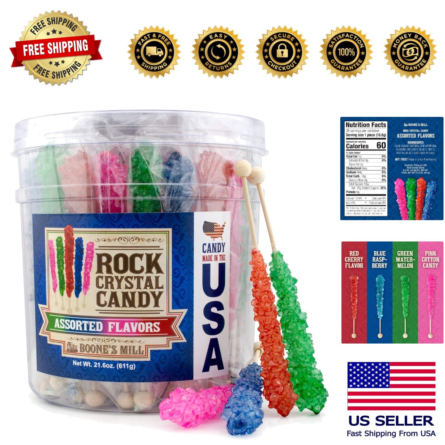 Assorted Flavor XL Rock Candy Sticks – 36 Count Party-Ready Treats – USA Crafted