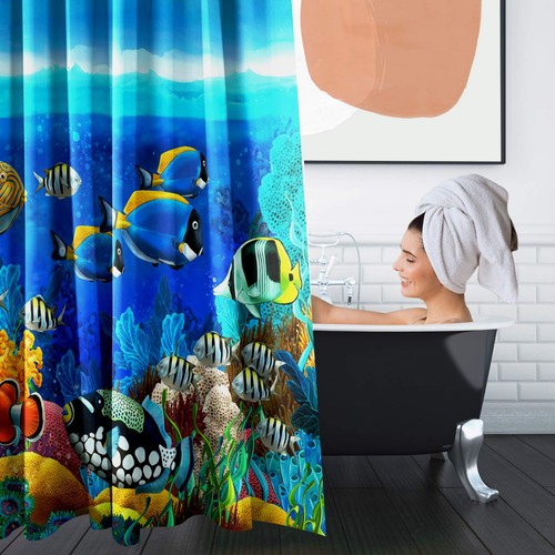 4 Piece Shower Curtain Sets, Ocean Fish Coral Reef with Non-Slip Rugs, Toilet... - Picture 5 of 7