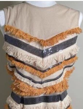 Eva Mendez Dress Orange Cream Fringe Black Sequin Flapper Fit & Flare SZ 10