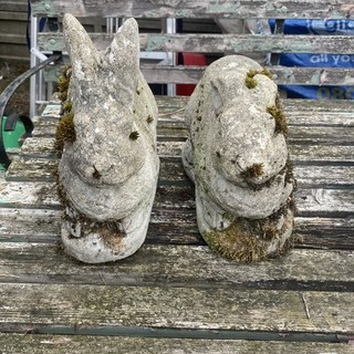 2 Vintage Reconstituted Stone Bunny Rabbits Garden Patio Ornament weathered