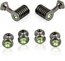 Green Crystal Cufflinks and Studs Formal Set in Gunmetal with Presentation Gi...