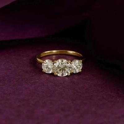 2Ct Round Lab Created Diamond 14K Yellow Gold Plated Three Stone Engagement Ring