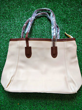 Women s Beige/Brown Tote Bag Zip Closure Lined Gold Double Handles