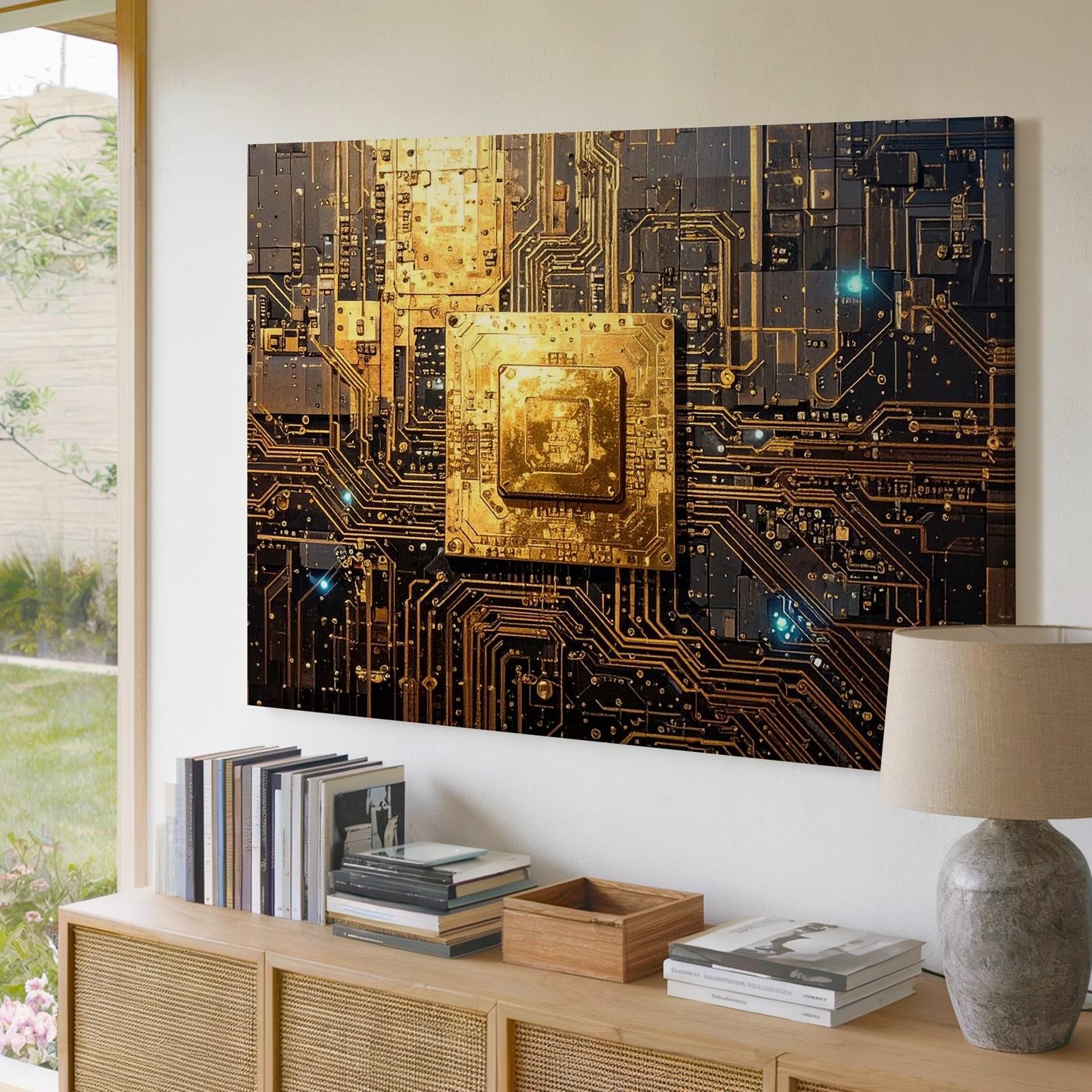 Futuristic Golden Microchip Canvashigh-Tech Circuit Board Art Wall Art
