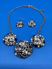 Statement Bib Necklace Earring Set Silvertone Black White Clear Crystal Cluste