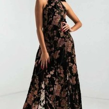 VICI Luxxel Black Velvet Floral Halter Maxi Dress Open Back Cherry Blossom L