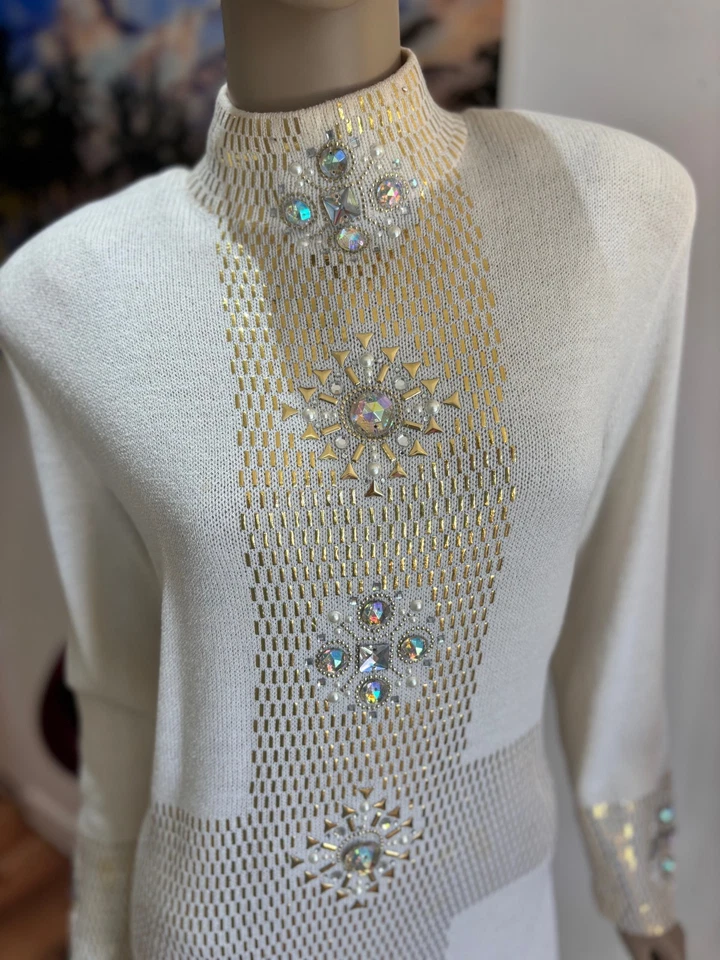 St John dress evening wedding embellished 12 cream paillettes gold metallic  RAR - Image 2 of 4