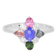NATURAL BLUE TANANITE, MULTI COLOR TOURMAINE & TOPAZ STERLING 925SILVER RING 8.5