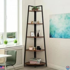 CAPHAUS 5-Tier Tall Corner Shelf - Rustic Oak Ladder Bookshelf with Metal Frame
