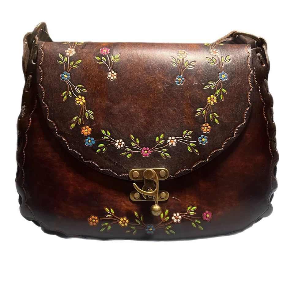 Vintage 1970's Handmade Hand Tooled Brown Leather Handbag With Original Tags - Image 2 of 4