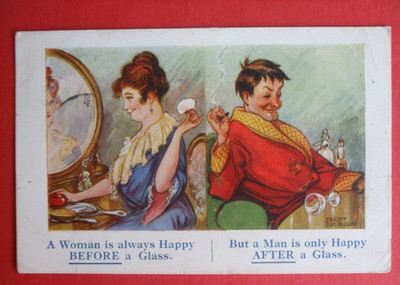 FRED SPURGIN Comic LADY HAPPY BEFORE GLAS SCHMINKSPIEGEL MANN GLÜCKLICH NACH GLAS