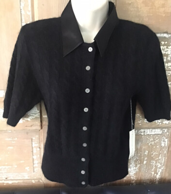 NWT Ballinger Gold Saks Fifth Ave. black cardigan cable wool angora Small