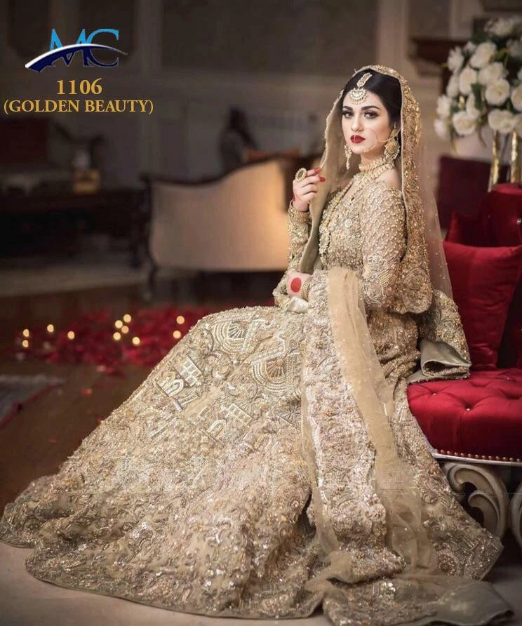 Gold Bridal Lehenga Choli Chunri Designer Nikah Wedding Lengha Velvet Dress  Sari