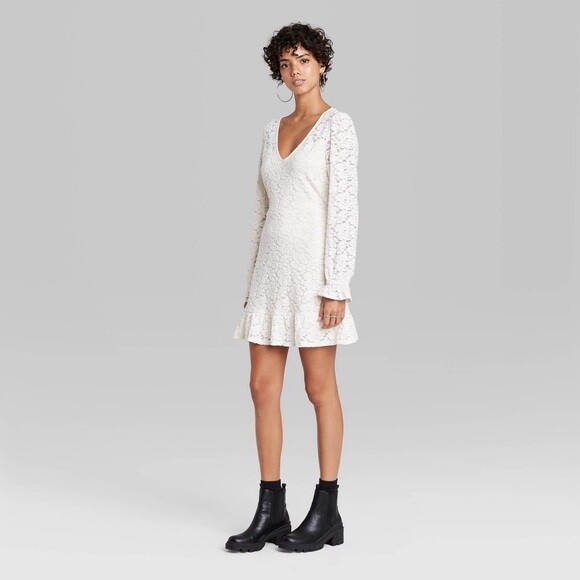 Wild Fable Dresses | Wild Fable Long Sleeve Lace Skater Dress | Color: Cream/White | Size: M | Laineycloset's Closet