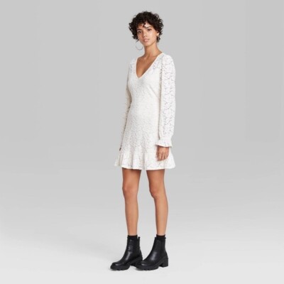 Wild Fable Dresses | Wild Fable Cream Long Sleeve Brushed Lace Skater Dress | Color: Cream | Size: S | Jenniferann220's Closet
