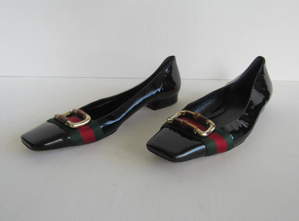 Gucci Vintage Mujer Negro Charol Web Rayas Pisos Talla 9.5 US-40 UE Foto 4 de 4