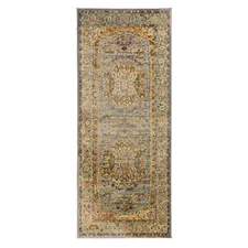 Traditional Vintage Distressed Runner Rug in Faded Green Gold Beige Accent Rug