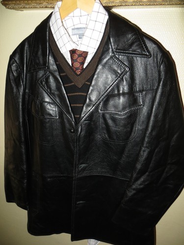 Reed Mens Black Leather Fight Club 70's Mod Blazer Jacket Car Coat 38 Reg Hot - Picture 2 of 12