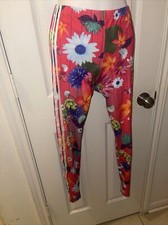 Adidas Orange Exotic Floral Tropical Print 3 Stripe Track Pants Sz U S L