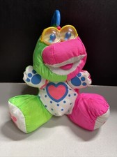 9" Fisher Price 1991 Dino Roar Baby Puffalump Dinosaur Rattle Neon Green Pink