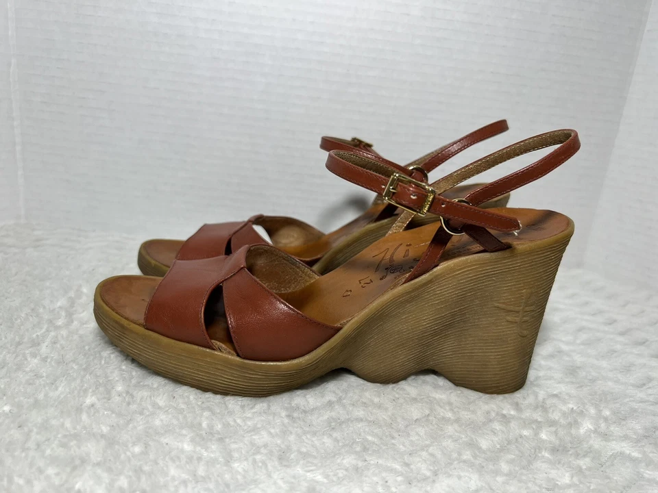 Винтажный 70-х OG FAMOLARE Hi-Up лодыжки ремень кожи женщин 6.5N высокий каблук на танкетке сандалии - Изображение 4 из 4