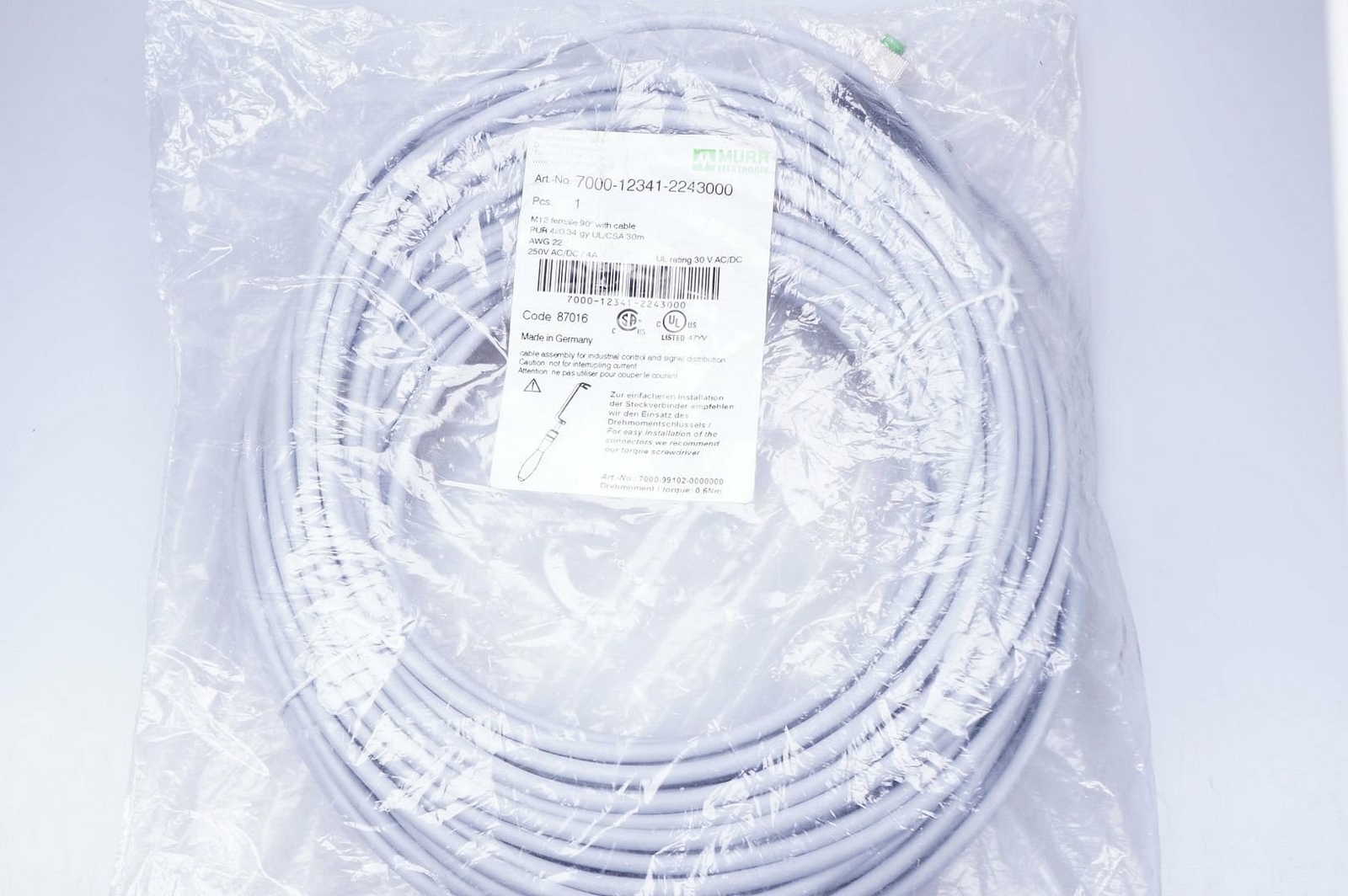 Murr 7000-12341-2243000 M12 Bu. 90° Free Cable End 30m OVP, New