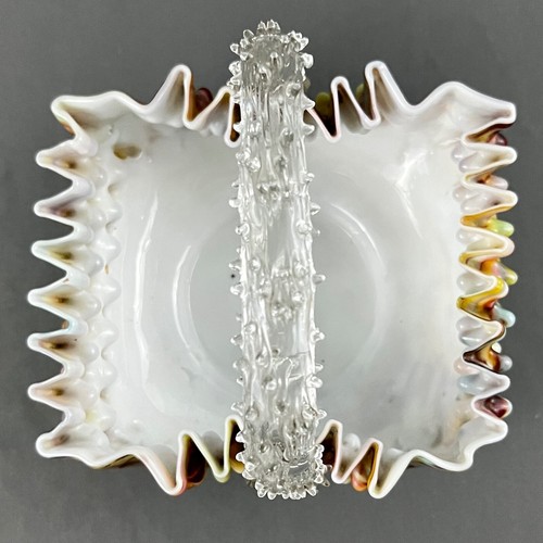 Antique Colorful Cased Art Glass Basket Applied Clear Thorn Handle 6 x 6.5 x 5.5 - Picture 6 of 10