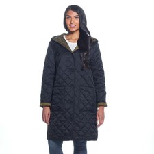 Weatherproof Ladies Reversible Quilted Long Jacket In Black / Loden Size S