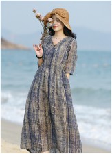 Retro Loose Plus Size Women's Striped Printed Waist Cinching Long Skirt Dresses
