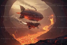 STEAMPUNK AIRSHIP OVER VOLCANO ART PRINT, Surreal Ship Poster, Fantasy Decor
