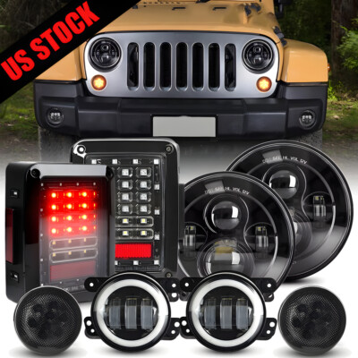 For Jeep Wrangler JK 07-2018 7'' LED Headlights Fog Turn Signal Smoked Tail Lamp