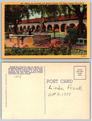 Mission San Fernando Memory Garden Father Junipero Serra Statue Postcard 1938