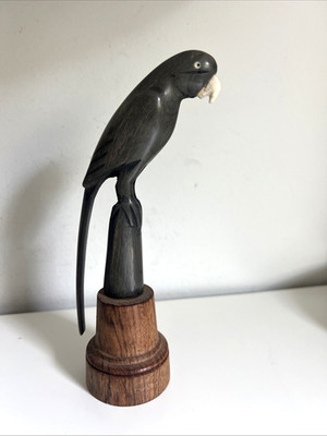 Vintage Hand Carved Parrot Black Wood Wooden Base Stand Horn Buffalo Antler Bird
