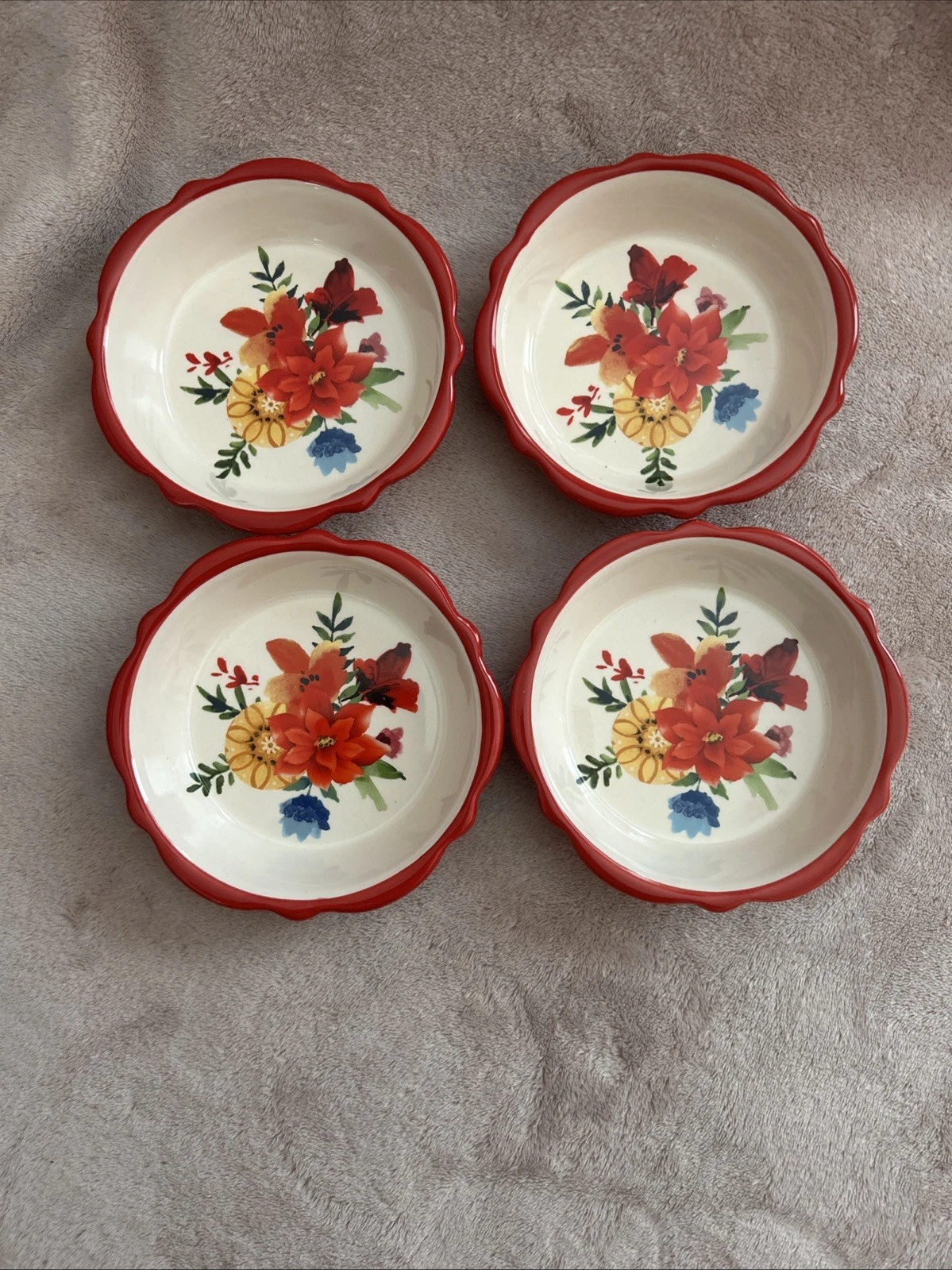 Set of 4 Pioneer Woman Red Floral Mini Stoneware Pie Plates Bowls 5”