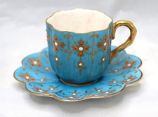 ANTIQUE COALPORT JEWELED TURQUOISE DEMITASSE CUP & SAUCER c1900