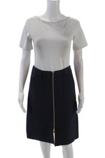 Michael Kors Womens Wool Gold Tone Zipper Detail A-Line Skirt Dark Blue Size 4