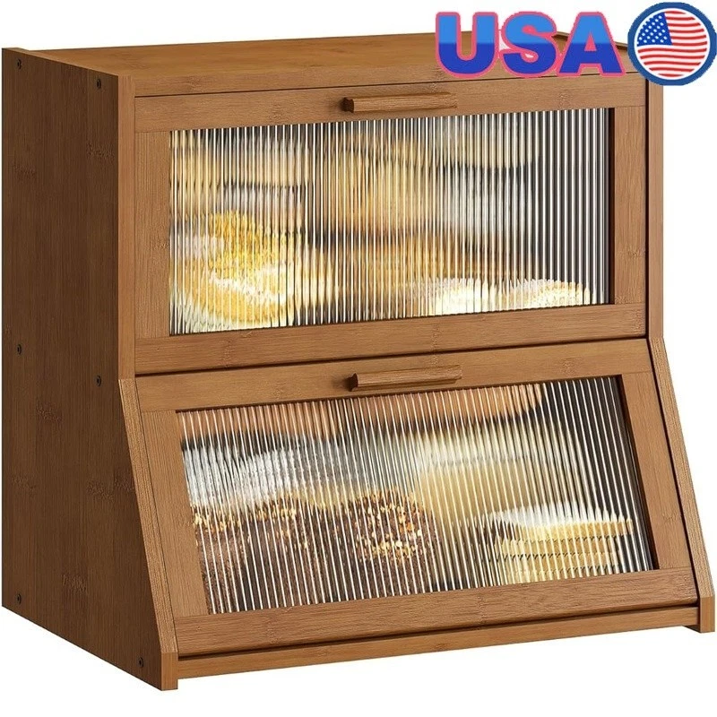 Stylish Bamboo Bread Box W/ Dual Door Design Fresh Storage Bakery Items New