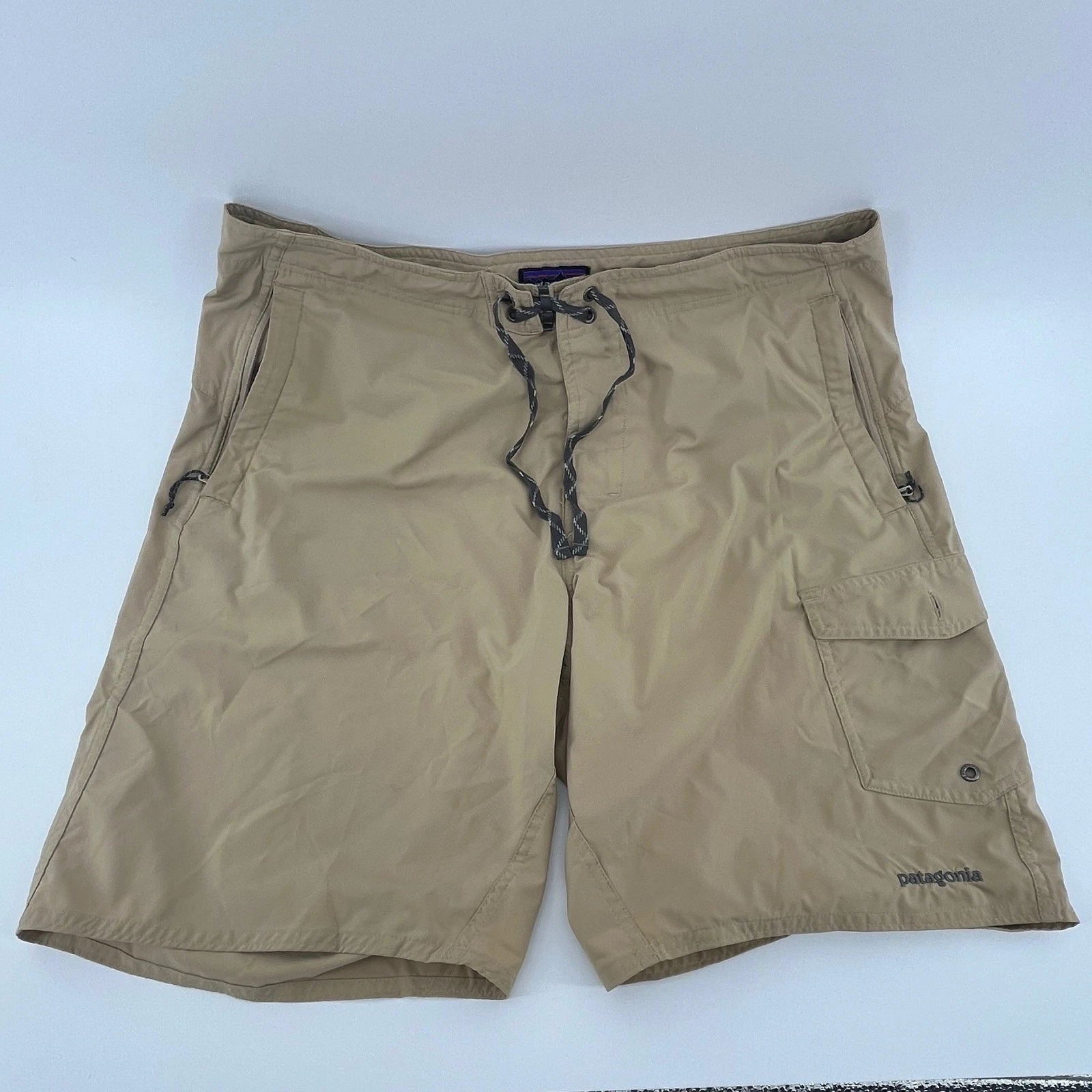 Patagonia Cargo Board Shorts Mens 35 Tan Khaki Drawstring Hiking Outdoor Utility