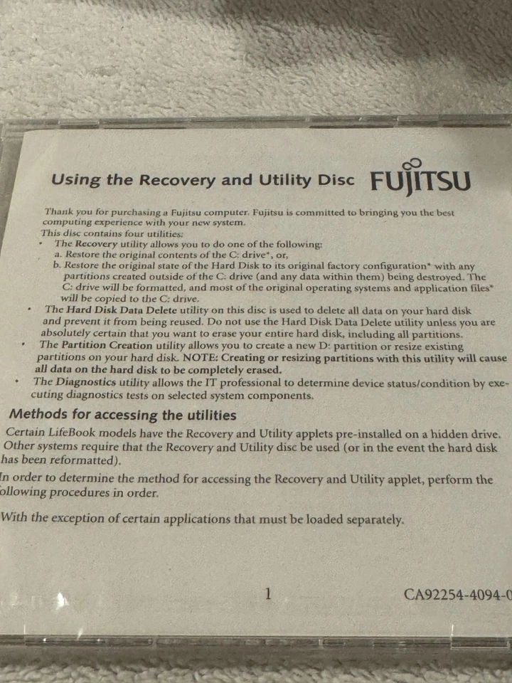 Fujitsu Lifebook Recovery/Utility Disc 32 Bit Win Vista Business S7210/S7211 - Image 2 of 2