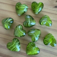 10 Lampwork Glass GREEN CLEAR SWIRL HEART 3D Puffy 20mm Heart Beads