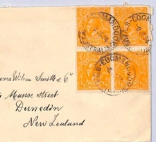 AUSTRALIA KGV SIDEFACE Cover ½d BLOCK FRANKING *Coomandook SA* 1934 CDSs NZ YC89