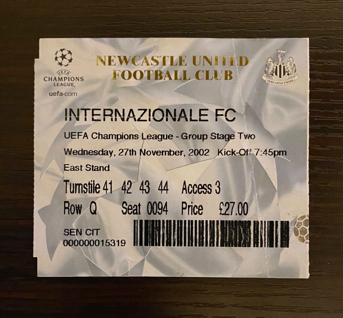 2002 Nolberto Solano Champions League 1st Goal Match Ticket Newcastle
