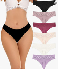 Women  s 6 Pack Seamless Lace Thongs Low Rise T-Back No-Show Panties Small