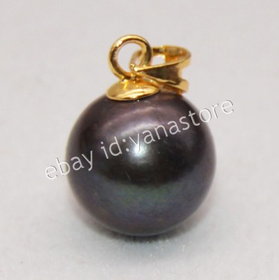 Wunderschön Natürlich Rund Schwarz Perle Anhänger Echte Perle 14K Gold 8-14mm