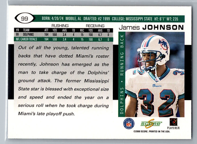 2000 SCORE CARD 99 James Johnson Miami Dolphins